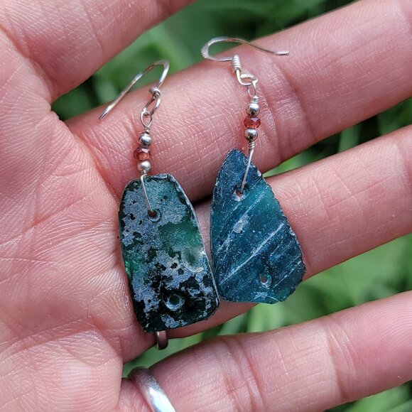New handmade sterling silver 925 blue green sea glass dangle earrings - Picture 12 of 16